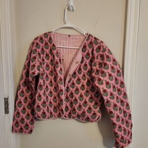 Reversible  Pink  White Floral  Stripe Quilted Jacket Large